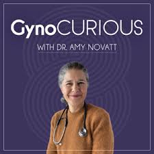 Woman with a stethoscope in front of a purple background with 'GynoCurious' text